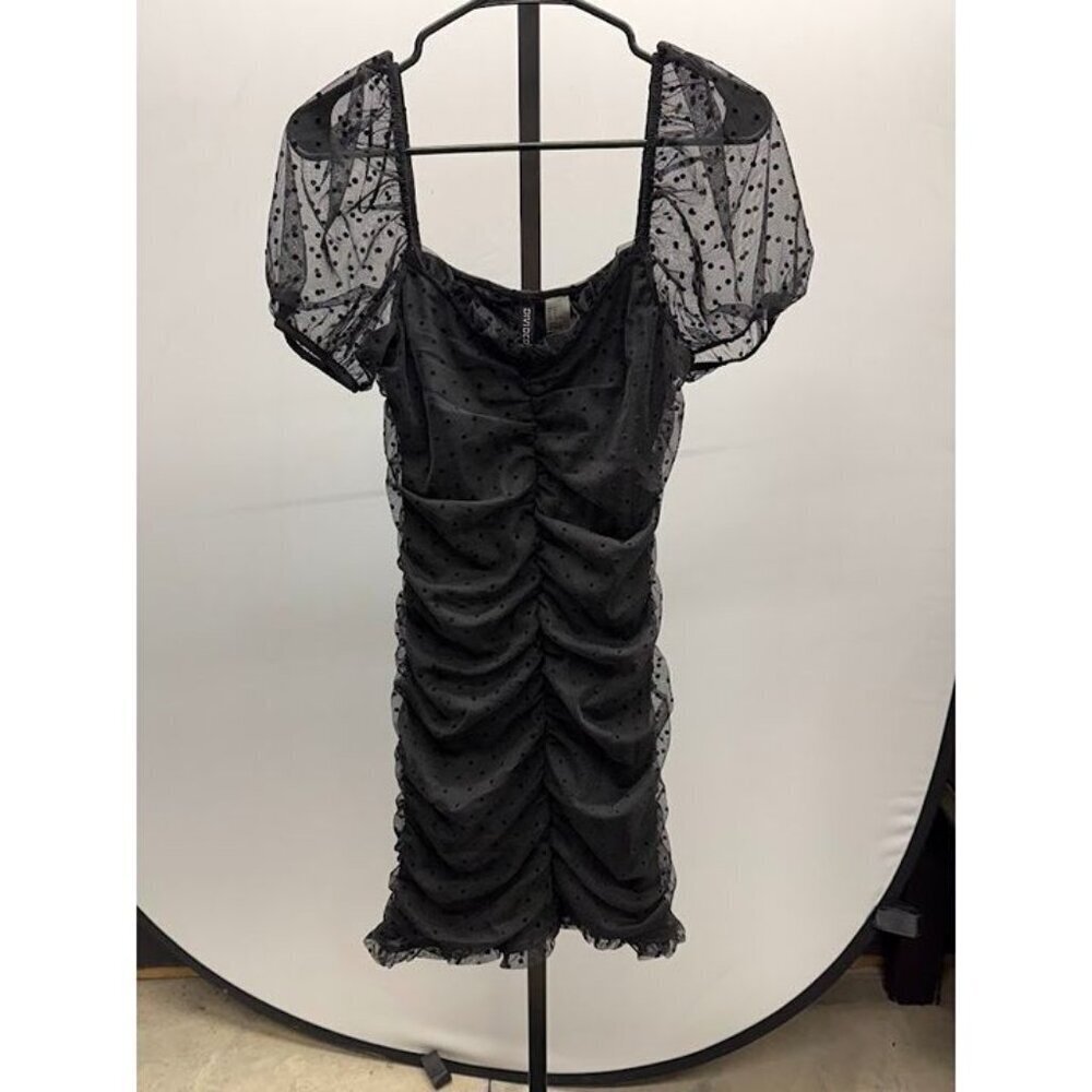 H&M Divided Black Ruched Mesh Polka Dot Cap Sleeve Mini Dress